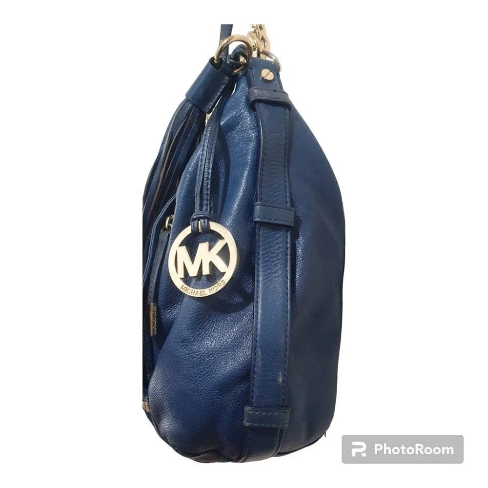 MICHAEL KORS BLUE LEATHER GOLD CHAIN DEVON LARGE SHOULDER TOTE BAG PURSE